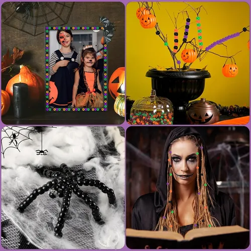 Miniatura 5 de UPINS Cuentas de pony de Halloween, 1200 piezas de cuentas de plástico redondas en negro, púrpura, naranja y verde para hacer joyas, decoración de 4