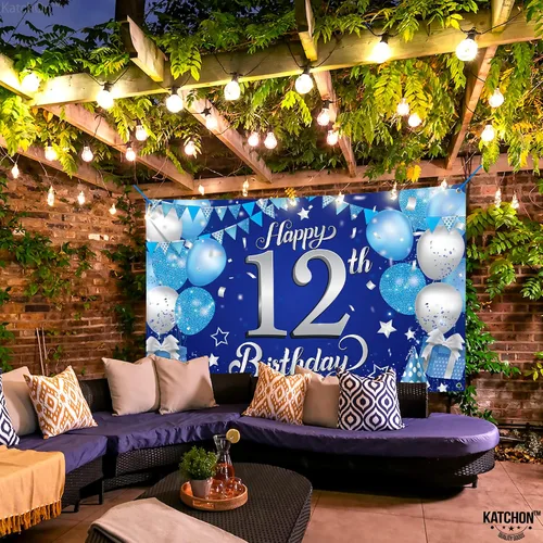 Miniatura 6 de KatchOn, Cartel de feliz cumpleaños número 12, 72 x 44 pulgadas, decoración de fiesta de feliz cumpleaños número 12 azul y plateado para niños