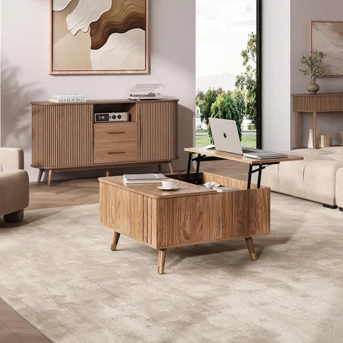 Miniatura 7 de JOINICE - Mesa auxiliar cuadrada con tapa elevable para sala estar u oficina en casa, con almacenamiento, compartimento oculto, estilo moderno Nogal