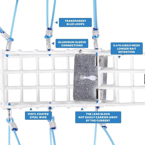 Miniatura 5 de Trampas para cangrejo con 6 bucles, bloque de acero galvanizado de 1 onza, caja rectangular para cangrejo para Dungeness, roca, cangrejo azul
