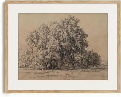 Miniatura 4 de Póster con estampado de árboles del bosque, color beige, dibujo de paisaje, grabado rústico, gris, arte de pared apagado, boceto gris neutro