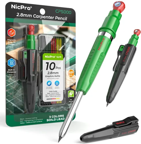 Miniatura 10 de Nicpro Lápices de carpintero magnéticos 7 en 1 CP5000 con sacapuntas, lápiz mecánico de construcción + 10 recargas, marcador de agujero profundo