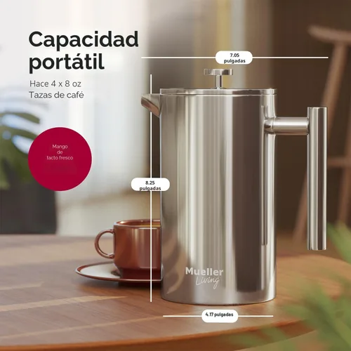 Miniatura 7 de Prensa francesa de doble pared, de acero inoxidable, con acabado de espejo (34 oz) 20% más resistente para café/té: Sistema multipantalla 100% sin