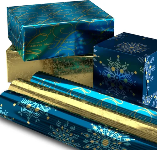 Hallmark - Rollos de papel de regalo de Navidad, envoltura de regalo de aluminio metálico para las fiestas (paquete de 3: 60 pies cuadrados en