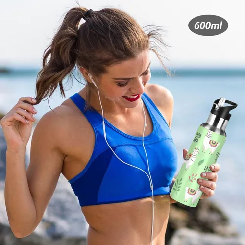 Miniatura 6 de Insulated Stainless Steel Water Bottle with Straw 20 Oz, BPA-Free Sports Water Bottle with Straw for Gym Outdoor Travel School, Cute Llamas Flowers