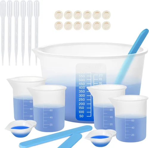 KISREL Tazas medidoras de silicona para resina, suministros de resina con tazas de 600 ml y 100 ml, tazas de mezcla de resina, varillas de agitación