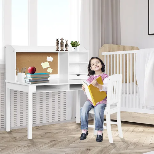 Miniatura 8 de Costzon Juego de escritorio y silla para niños, escritorio de estudio para niños con silla, gabinete, almacenamiento, cajones, estantes, tablero