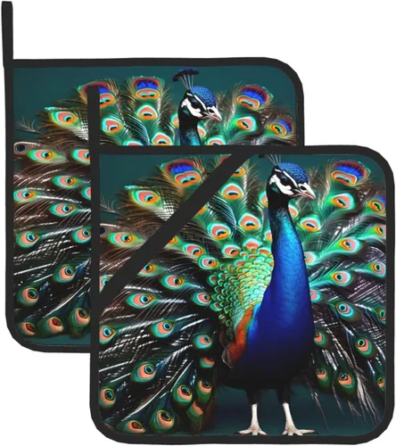 Juego de almohadillas calientes de 8 x 8 pulgadas con estampado de pavo real, antideslizante, resistente al calor, para hornear cocinar y cocinar