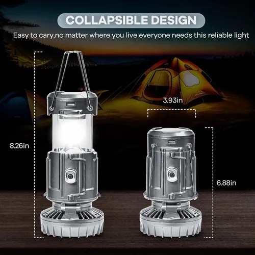 Miniatura 5 de Linterna solar para campamento con ventilador y cargador de teléfono, energía recargable portátil para huracanes, emergencias, cortes de energía