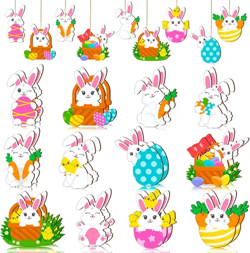 Miniatura 7 de Marsui 24 adornos de Pascua para árbol, feliz Pascua, adornos colgantes de madera, huevo, conejo, primavera, árbol, gnomo, pollo, rebanadas