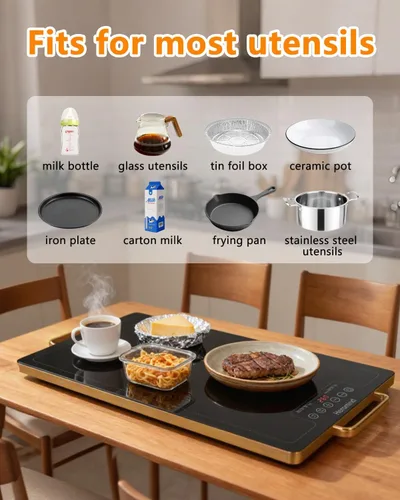 Miniatura 6 de Bandeja Calentadora Eléctrica de 20" x 12", Bandeja Calentadora de Superficie Completa con Parte Superior de Vidrio, Temperatura Ajustable