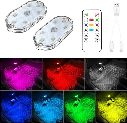 2 piezas de luces LED interiores para coche, iluminación ambiental de 7 colores para el interior del coche, luz de lectura interior para coche