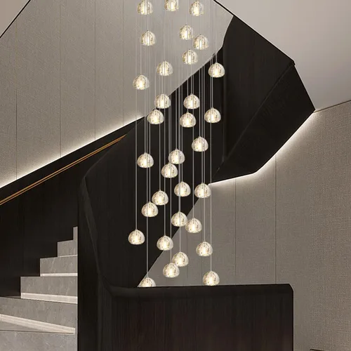 Miniatura 15 de Candelabro de cristal LED moderno, lámpara colgante de gota de lluvia, lámpara de techo de bola de cristal, 14 luces para escalera, sala de estar