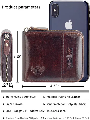 Miniatura 5 de Admetus - Cartera de piel auténtica para hombre con cremallera, plegable