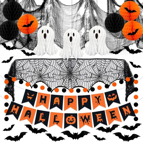 Decoraciones de fiesta de Halloween, 29 piezas de decoración de interiores de Halloween con mantel de tela, tela espeluznante, colgante de fantasma,