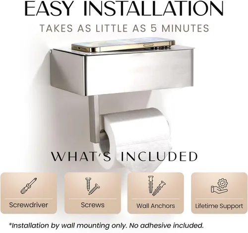 Miniatura 5 de Day Moon™ Soporte de papel higiénico cromado con estante - Porta toallitas para baño, dispensador de toallitas desechables, soporte de papel Cromo
