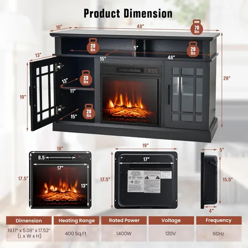 Miniatura 7 de GOFLAME Soporte de TV con chimenea para TV de hasta 55 pulgadas, centro de entretenimiento de madera independiente con chimenea eléctrica de 18