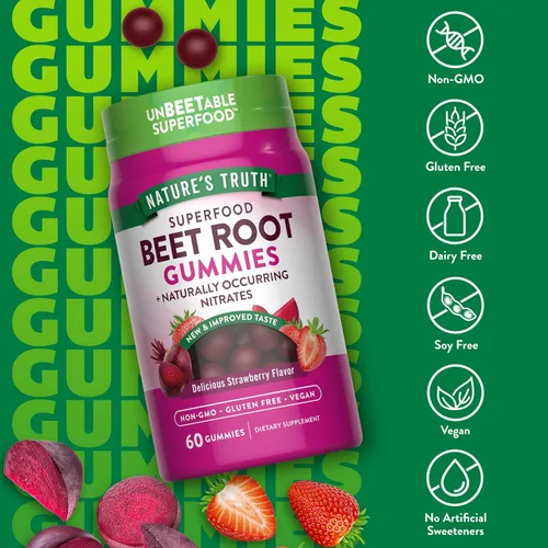 Miniatura 3 de Nature's Truth Gomitas de raíz de remolacha 60 unidades Superalimento con pimienta negra Sabor a fresa Suplemento vegano, sin OMG y sin