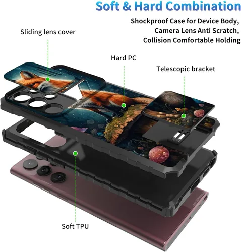 Miniatura 9 de Funda para Samsung Galaxy S22 Ultra 5G, Galaxy S22 Ultra con cubierta de cámara deslizante, funda resistente de doble capa con función atril Black