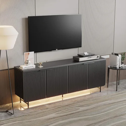 Miniatura 9 de Soporte de TV acanalado de mediados de siglo para TV de 55 a 75 pulgadas, centro de entretenimiento negro con almacenamiento, soporte de televisión