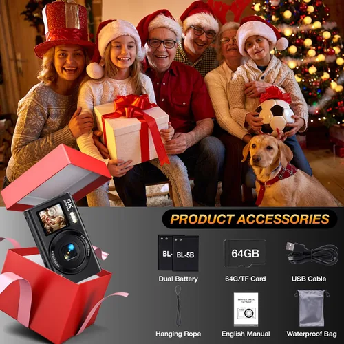 Miniatura 8 de Cámara digital de pantalla dual 5K para vlogging, cámara WiFi de 80MP con pantalla frontal, zoom 18X, luz de relleno, incluye tarjeta de 64GB y 2