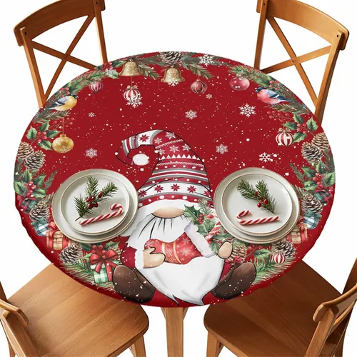 Miniatura 12 de Mantel redondo de Navidad de 36 a 44 pulgadas, mantel impermeable con borde elástico para fiestas de vacaciones en interiores y exteriores, árbol