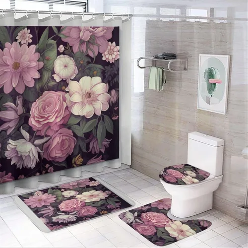 Miniatura 10 de Juego de 4 cortinas de ducha con alfombras, juego de baño con cortina de ducha y alfombras, 4 piezas, flores femeninas, lila, rosa, rubor, verde