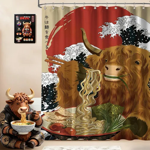 Miniatura 23 de Cortina de ducha estrecha con diseño de gato negro y animé japonés para casa rodante, juegos de decoración de baño, tela impermeable con ganchos, 36