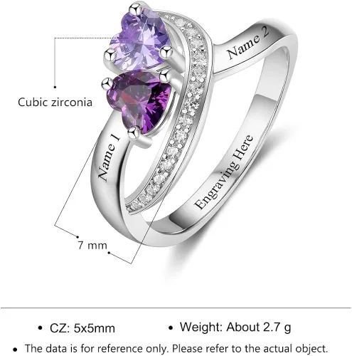 Miniatura 4 de Diamondido Anillos con nombre personalizado, 2 piedras natales de imitación, anillos de promesa para mujeres, parejas, anillos de compromiso, Piedra