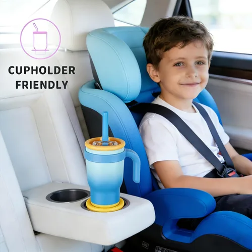 Miniatura 7 de Taza de 14 onzas para niños pequeños con aislamiento al vacío de acero inoxidable con asa, taza a prueba de derrames, pajita a prueba de fugas, taza
