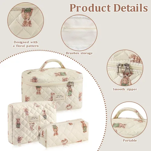 Miniatura 3 de Juego de 3 bolsas de maquillaje acolchadas de algodón, bolsa de cosméticos de algodón floral, bolsa organizadora de viaje para mujeres y niñas (oso)