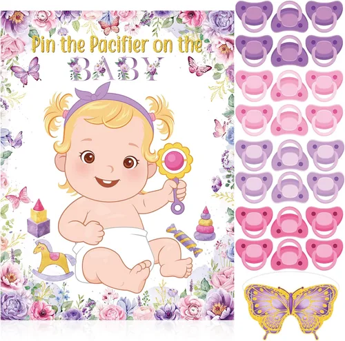 Miniatura 14 de Faccito Pin The Chupete - Juego de baby shower, decoración de fiesta de baby shower, incluye póster grande, 24 calcomanías para chupete, juego