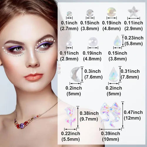 Miniatura 4 de OIIKI 4 hojas de calcomanías de gemas de cara de corazón de estrella, calcomanías de acrílico para joyería de cuerpo, perlas de luna de Halloween