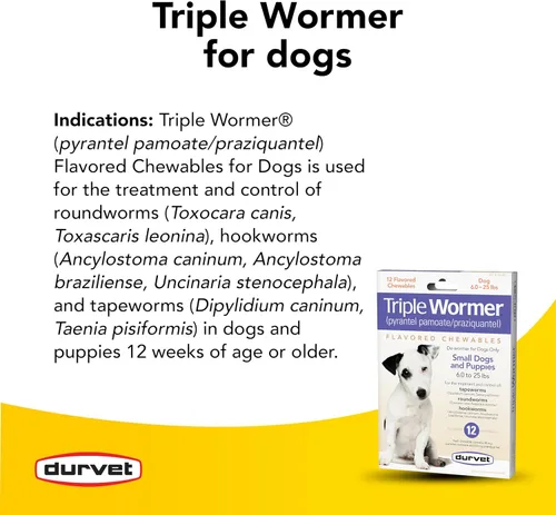 Miniatura 3 de Durvet Paquete de 12 tabletas Triple Wormer para cachorros y perros pequeños