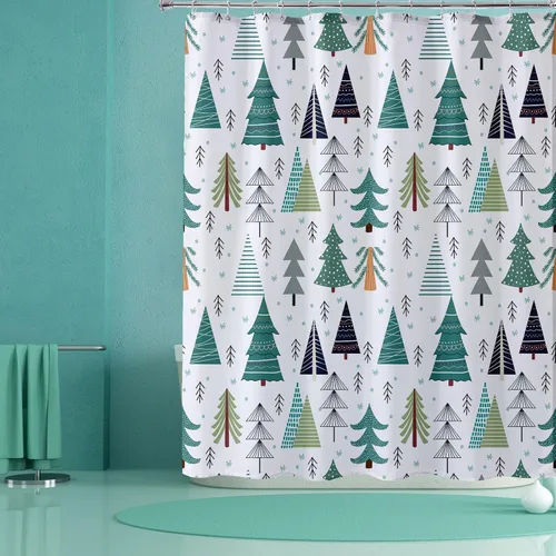 Miniatura 4 de Cortina de ducha de árbol de Navidad de 72 x 72 pulgadas, verde azulado, árbol de Navidad, copo de nieve, fondo blanco, festival, vacaciones