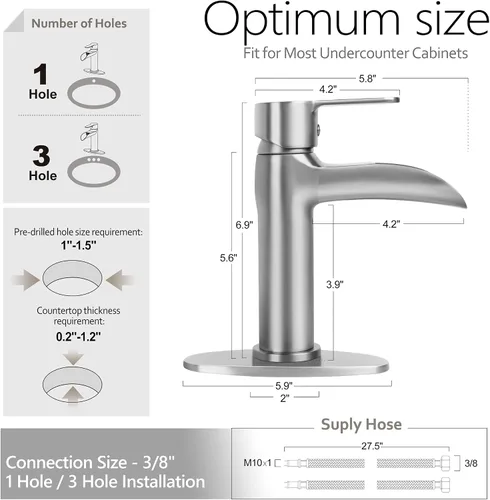 Miniatura 5 de SOKA - llave de baño en cascada, llave de fregadero de baño con un solo mango y un solo agujero para lavabo, llave de lavabo con desagüe emergente