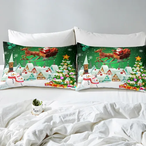 Miniatura 6 de Manfei juego de sábanas de Navidad tamaño completo, juego de sábanas con muñeco de nieve y árbol de Navidad de 4 piezas con sábana bajera de Multi 03