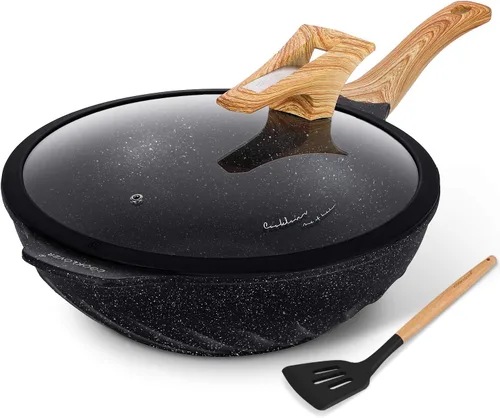 Woks y sartenes antiadherentes de aluminio fundido a presión resistentes a los arañazos 100% libres de PFOA con tapa de 31.9 cm - Negro