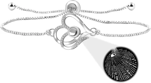 Miniatura 12 de Pulsera ajustable de cadena de plata/oro rosa, 4 dijes de corazón diferentes en 100 idiomas con texto en inglés "Say I Love You", pulsera
