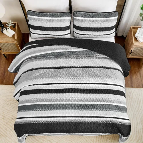 Miniatura 8 de WONGS BEDDING Juego de Edredón Full, Juego de Colcha y Cubrecama de 3 Piezas a Rayas Negras, Edredones Ligeros de Verano Tamaño Full para Cama