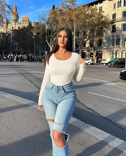 Miniatura 3 de OQQ Camiseta de manga larga de 2 piezas para mujer, cuello redondo, elástica, ajustada, para usar en capas