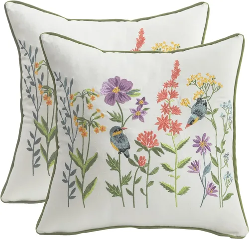 Miniatura 12 de Juego de 2 fundas de almohada bordadas de 16 x 16 pulgadas, diseño vintage de pájaros con flores, fundas de almohada de granja para almohada, fundas
