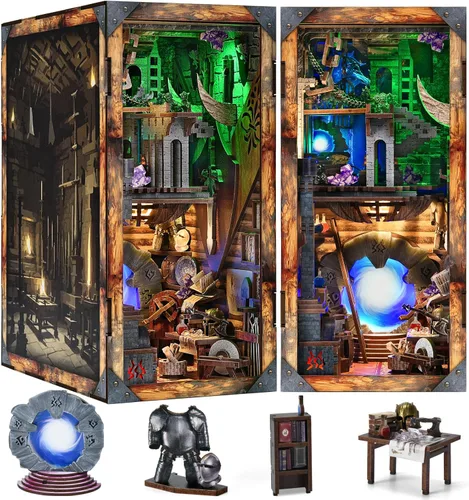 Miniatura 15 de MiniCity Kit de rincón de libros, kit de bricolaje en miniatura para casa de muñecas, rompecabezas de madera 3D, decoración con luz LED