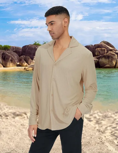Miniatura 2 de AstoSeu Camisas de pana para hombre, de manga larga, ligeras, con botones