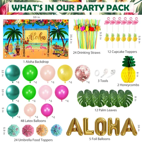 Miniatura 2 de Luau - Decoraciones para fiesta de cumpleaños, 321 piezas, suministros de fiesta hawaiana tropical Aloha para verano, playa, vacaciones, juego