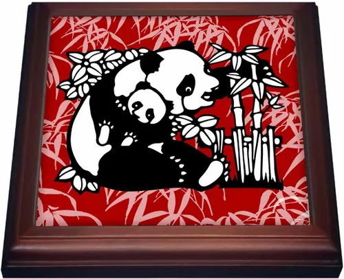 3dRose TRV _ 220776 _ 1 lindo blanco y negro oso Panda con bebé panda sobre rojo background-trivet con baldosas de cerámica, 8" x 8", café