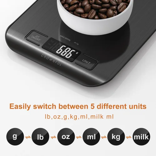 Miniatura 2 de CROWNFUL Báscula de Alimentos, Básculas Digitales de Cocina de 11 lb con Batería Tipo Moneda Integrada, Pesa en Onzas y Gramos para Cocinar y Negro