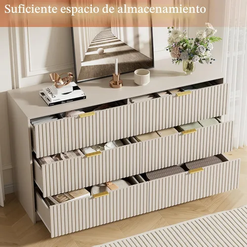 Miniatura 4 de Furniway Cómoda Beige para Dormitorio, Cómoda Moderna con 6 Cajones y Deslizadores Suaves, Cómoda Ancha con Manijas Doradas para Dormitorio, Sala