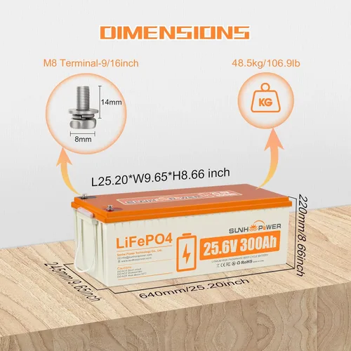 Miniatura 2 de Batería LiFePO4 de 24V 300AH, 7680Wh, batería de litio recargable con BMS de 200A incorporado, ciclo profundo y baja autodescarga, perfecta para RV