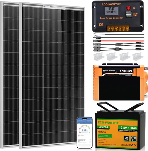 ECO-WORTHY Kit completo de iniciación de panel solar de 200 vatios y 12 V para RV fuera de la red con batería e inversor: 2 paneles solares de 100 W